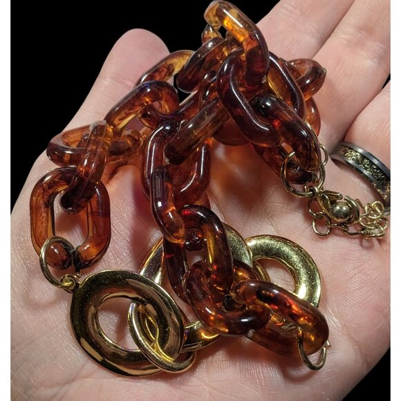 90s Style Tortoise And Gold Tone Chunky Link Necklace - Picture 3 of 6